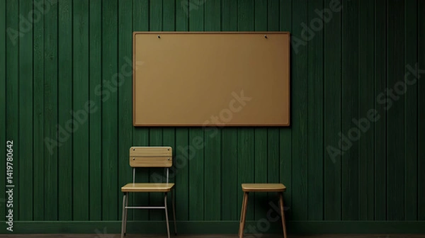 Fototapeta Empty Room With Wooden Chairs And Bulletin Board
