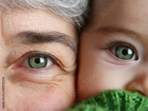 Fototapeta Close up of eyes and smile of grandparent and child, showcasing love and connection in warm embrace