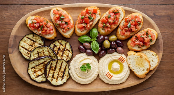 Fototapeta Mediterranean Platter: A wooden platter featuring bruschetta, grilled eggplant, hummus, and olives, offering a fresh and flavorful appetizer selection.