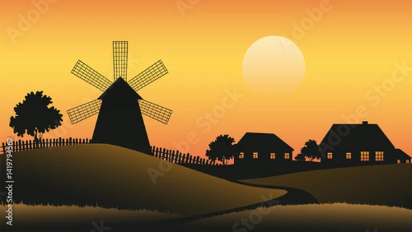 Fototapeta Mill on a farm against a beautiful sunset. Windmill on a farm. Silhouette of a windmill, village house, fields and meadows. Rural landscape at sunset, vector illustration.