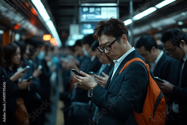 Obraz Crowded subway with people in suits, soft shadows, realistic urban color palette, everyone looking at their phones, cinematic realism