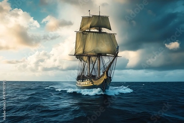 Fototapeta Vintage Sailing Ship On Open Ocean Under Cloudy Blue Sky