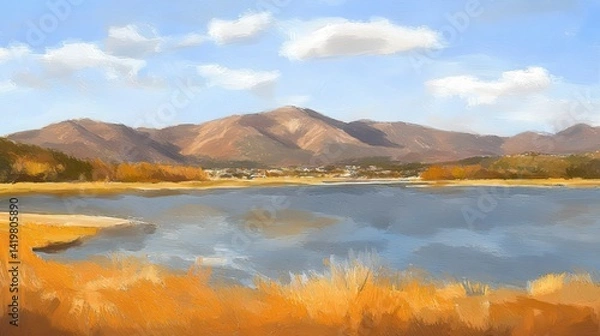 Fototapeta Autumnal lake scene with sunlit mountains and cloudy skies reflecting serenity