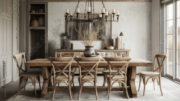 Fototapeta Rustic dining room with wooden table and decor elements
