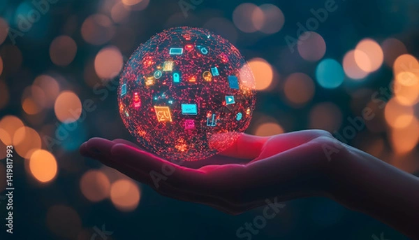 Obraz Hand holding glowing sphere representing global network, technology, connection, and digital world.  Abstract concept image.