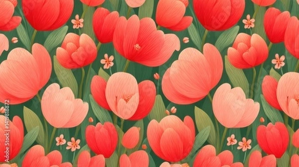 Obraz Vibrant floral pattern featuring red and pink tulips among green leaves and small flowers.