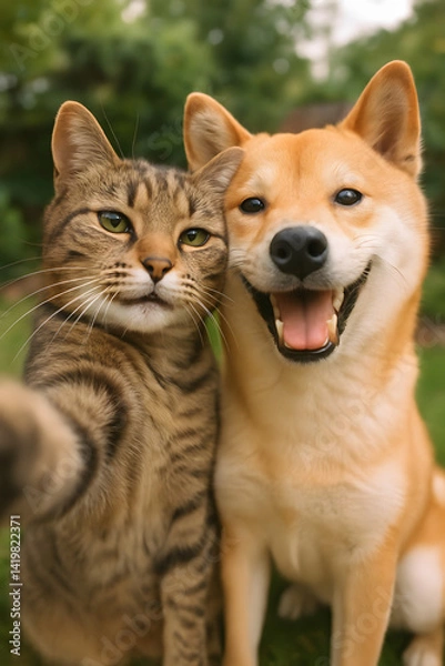 Fototapeta Dog and Cat Selfie: A Shiba Inu dog and a tabby cat strike a playful pose for a selfie, their contrasting expressions showcasing the unlikely yet endearing bond between these two furry friends.