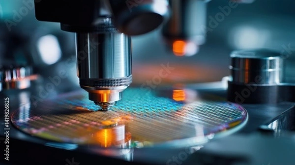 Obraz Silicon wafer under microscope for semiconductor manufacturing