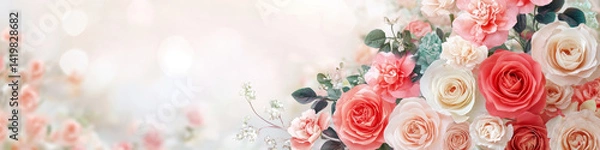 Fototapeta Elegant floral arrangement with pink and white roses, soft bokeh background, perfect for Mother Day website header or romantic design.