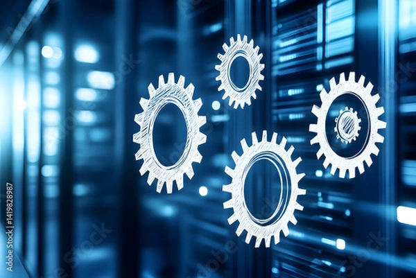 Obraz Abstract image of interconnected gears against a blurred background of server racks, symbolizing teamwork, technology, and seamless operations in a data center.
