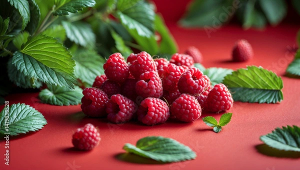 Fototapeta Close-up of fresh ripe raspberries with green leaves on a rich dark red background, Juicy red raspberries and vibrant leaves displayed on a moody dark red backdrop, Freshly picked raspberries arranged
