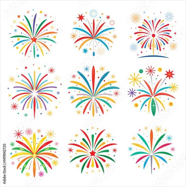Fototapeta Festive fireworks with a minimalist twist vector icon set