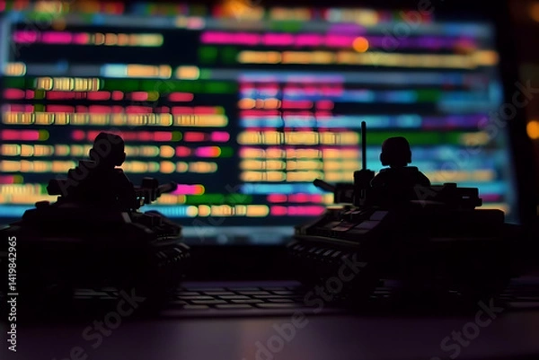 Obraz Silhouetted toy tanks facing a brightly colored computer screen displaying code, representing cybersecurity warfare or digital conflict.