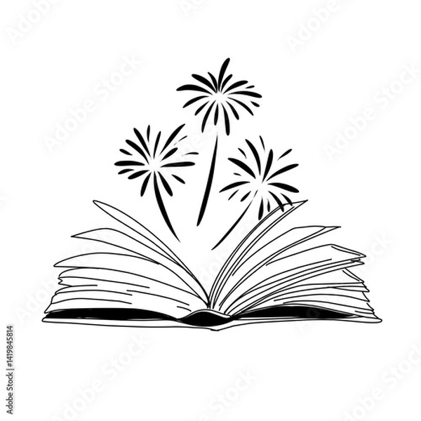 Fototapeta Vector hand drawn open magic book with stars outline doodle icon