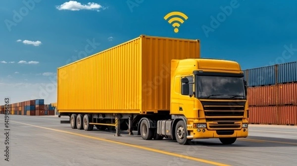 Fototapeta Yellow Semi Truck with Wifi Symbol Transporting Cargo at a Port