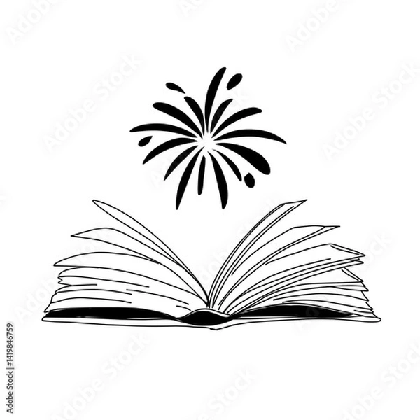 Fototapeta Vector hand drawn open magic book with stars outline doodle icon
