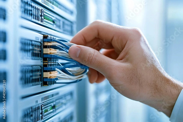 Obraz Close-up of an engineer connecting or troubleshooting network cables in a server room. Focus on hands and equipment