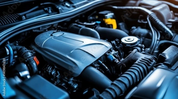Fototapeta Close-up view of a modern car engine, showcasing its intricate details and components. The image highlights the power and technology that goes into automobile manufacturing.