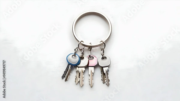 Fototapeta Metal Key Ring With Various Keys On White Background