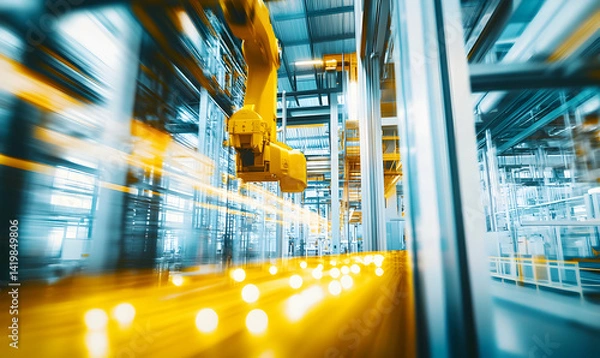 Obraz Dynamic motion blur image of a yellow robotic arm in a modern factory.  Shows futuristic industrial automation technology.