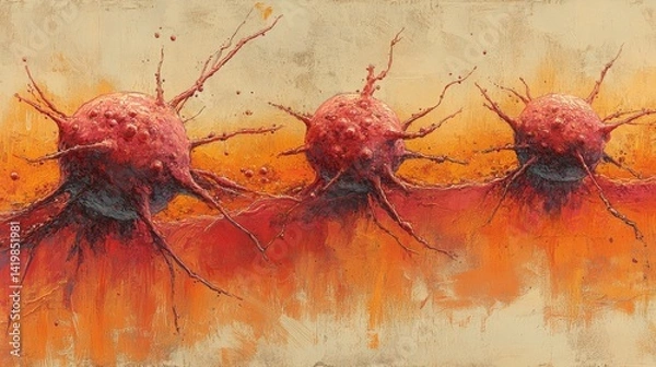 Fototapeta 3d rendering of dendritic cells and macrophage cells attacking cancer cell in human body, microscopic view of malignant tumor cells for medical research, oncology, health science, immunotherapy, and c