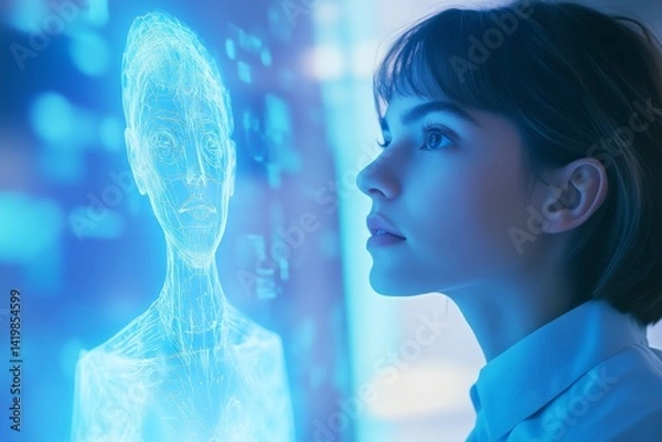 Obraz A woman and a  AI assistant in a high-tech office.
