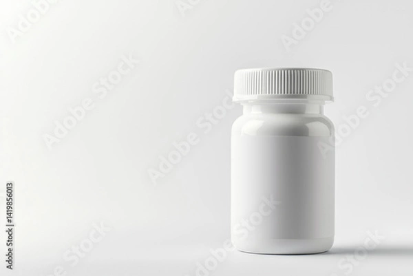 Fototapeta White plastic pill bottle with blank label on light background, copy space on left side