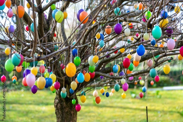 Fototapeta Ein Busch voller bunter Eier zu Ostern