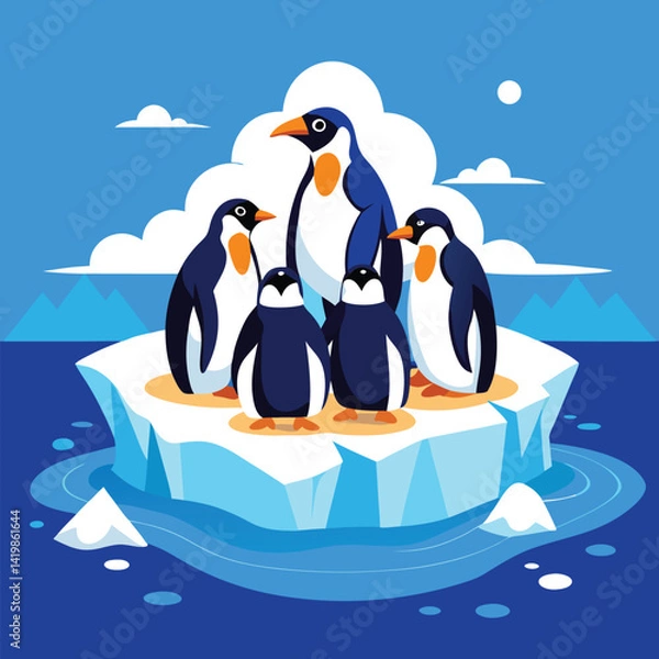 Fototapeta A group of Adélie penguins huddles together on a bright blue and white iceberg floating in the ocean.
