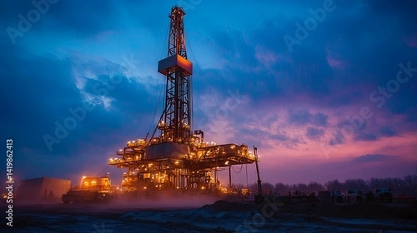 Obraz Oil rig at twilight against a dramatic sky.