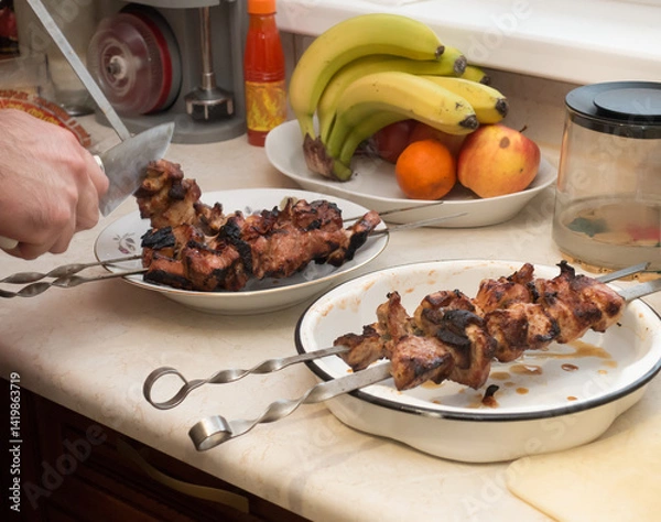 Fototapeta fresh shashlik is removed from the skewer