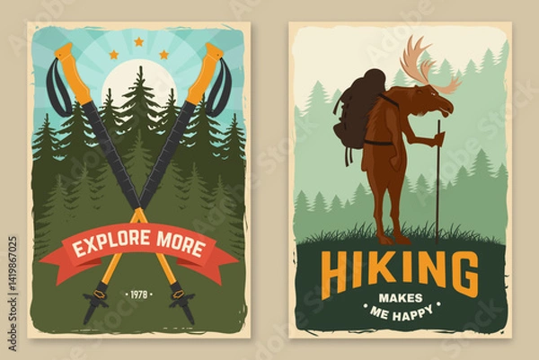Obraz Outdoor adventure flyer, poster, banner design. Vector. Concept for shirt or logo, print, stamp or tee. Vintage typography design with trekking sticks, hiking moose and backpack.