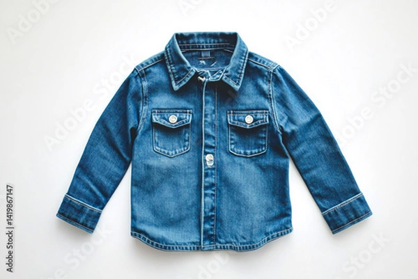 Fototapeta Photograph of a children's denim shirt on a white background, top view, product photography, studio lighting, isolated object, clean white backdrop