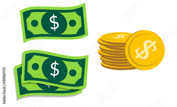 Obraz Paper money clipart.Green banknote one dollar bills in different poses flat icon cartoon isometric style. Money, banknote, investment, finance, wealth, budget concept Image of dollar money set 