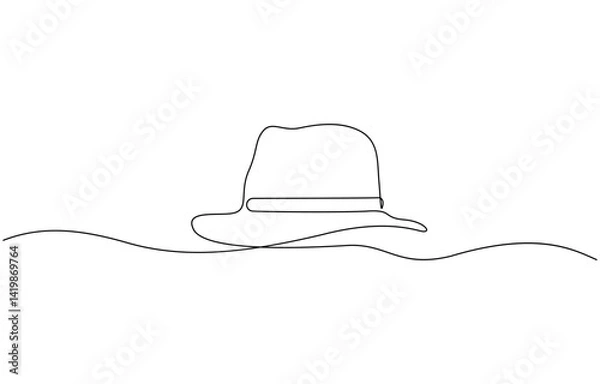 Fototapeta Continuous single drawn one line men hat, one line drawing of cowboy hat, Vector continuous one line drawing of panama hat simple line art vector illustration.