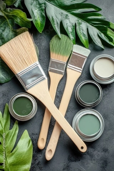 Obraz Paintbrushes and paint cans with tropical leaves