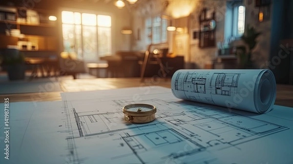 Obraz Interior design plans, a compass, and a bright future.