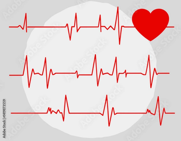Fototapeta Red heartbeat line collection with heart symbol, cardiology, medical pulse, ECG, EKG design, healthcare clipart vector illustration, health monitoring, digital heartbeat graphics