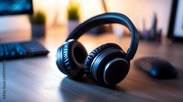Obraz Black and Silver Over Ear Headphones on Wood Desk with Computer Keyboard and Mouse in Soft Lighting