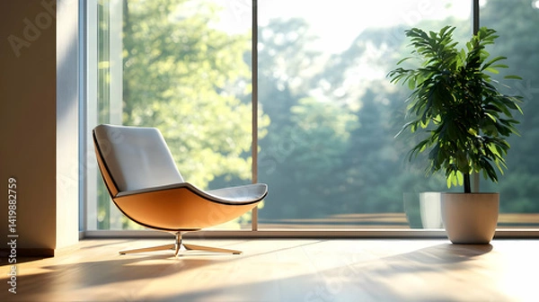 Obraz Bright Interior with White Chair Plant and Large Window Overlooking Green Trees and Natural Light Shining on Wooden Floor with AI Defects