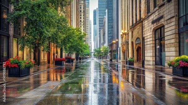 Fototapeta A wet city street with tall buildings and planted trees
