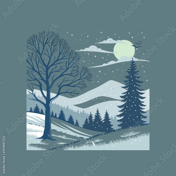 Obraz Winter Night Landscape with Snowy Mountains, Pine Trees, and Full Moon – Vector Illustration