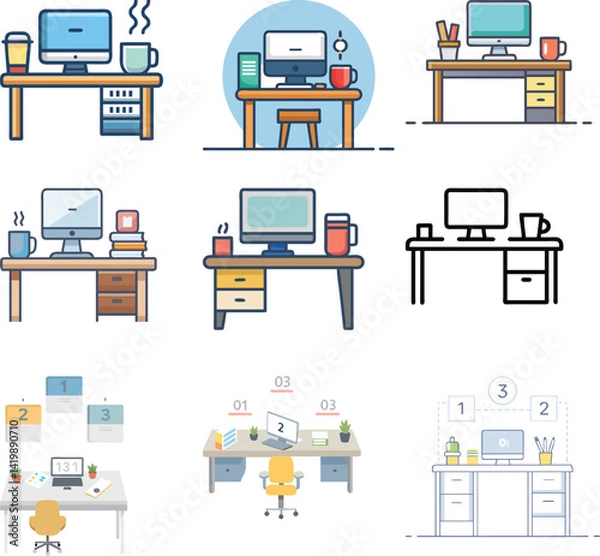 Fototapeta Office Workspace: An office desk icon with a computer, notebook, and coffee 
cup. 