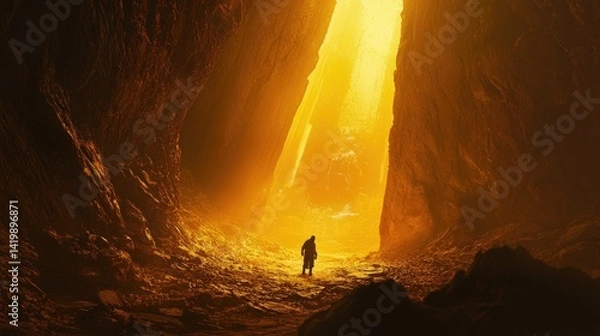 Obraz A hiker entering a glowing cave, only to find himself in the middle of a futuristic Viking raid.
