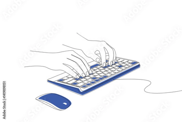 Obraz The art of drawing continuous lines in the shape of a hand typing on a keyboard.