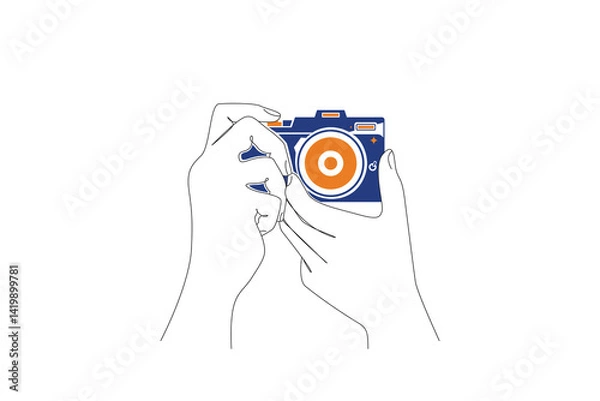 Obraz The art of drawing continuous lines in the shape of a hand holding a camera.