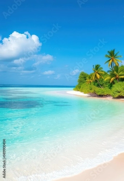 Fototapeta White sand beach, turquoise water, lush tropical vegetation, palm trees, deserted island, waves, relaxation