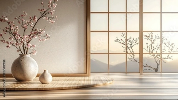 Fototapeta Serenity in a Minimalist Room with Cherry Blossom Decor and Nature View