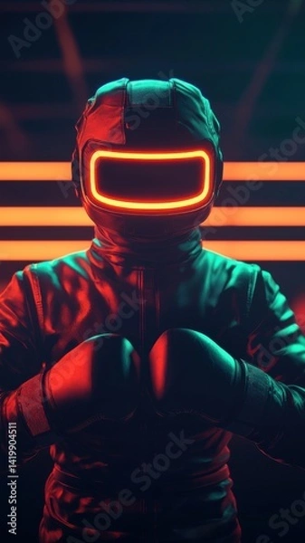 Fototapeta Futuristic boxing match urban studio digital art neon lighting close-up cyberpunk concept
