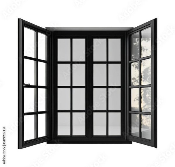 Fototapeta Open black window frames showcasing natural light and views isolated on transparent background